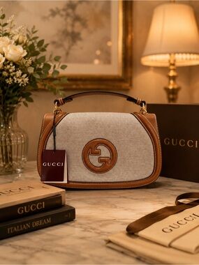 Gucci Cream Canvas Shoulder Bag with Brown Leather Trim and Gold Hardware
NWT